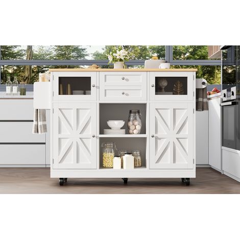 Îlot de cuisine, desserte avec plan de travail, buffet, desserte finition bois, porte-serviettes latéral, portes de placard tridimensionnelles à roulettes, cloisons réglables, blanc (1/5)