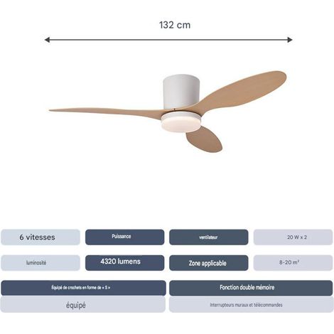 Plafonnier LED avec ventilateur 52 pouces, moteur DC basse consommation, 6 vitesses, fonction mémoire, télécommande et application, Bois Clair (1/4)