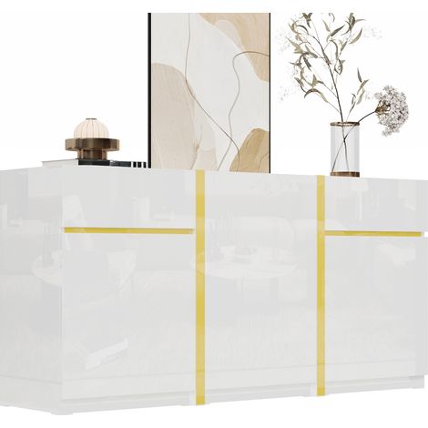 Sideboard blanc laqué brillant avec 3 portes, 2 tiroirs, étagères réglables en MDF et panneau de particules, meuble de rangement pour salon, salle à manger et entrée CHICFURN (1/5)