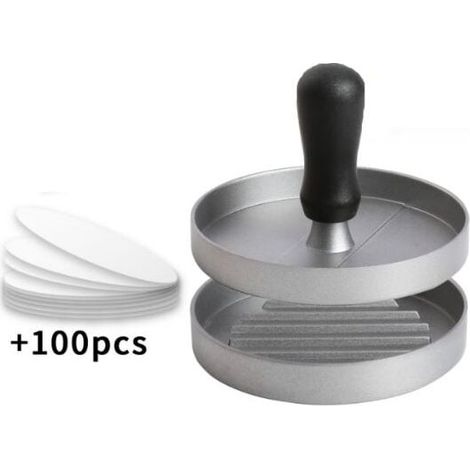 1PC Presse à Burger Moule Steak Haché en Aluminium Revêtement Antiadhésif + 100 Feuilles De Papier, Ustensiles Cuisine pour Faire Délicieux Hamburgers, Galettes Et Barbecues, Argent (1/4)