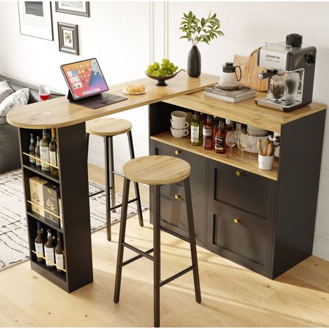 Conjunto de mesa alta con almacenaje y 2 taburetes de bar negros, decorado madera DESVIAE (1/5)