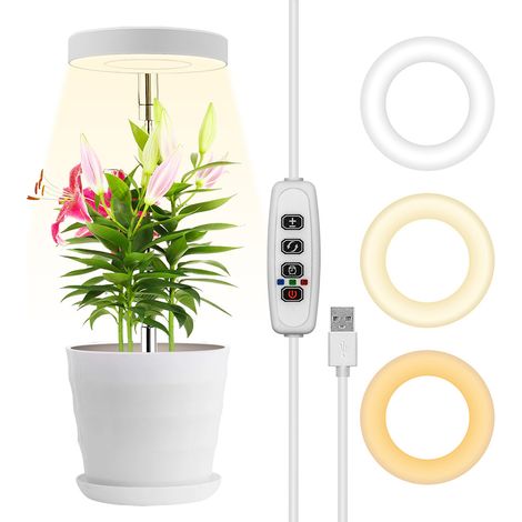 ROSNEK Lampe horticole LED anneau 48 LED plein spectre 380-800 nm, tige télescopique 20-64 cm, minuterie 4/8/12 h, USB