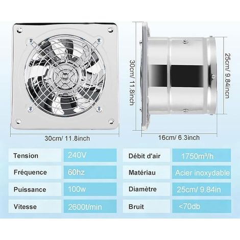 250 mm Wall Fan 1750 m³/h, Silent Extractor Fan with Non-Return Valve, with EU Plug for Office, Attic, Garage, Kitchen, Bathroom (1/3)