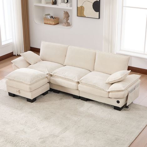 Sofá modular 3 plazas 260x132x84 cm beige en pana con otomana, USB-C y bolsillos laterales (1/5)