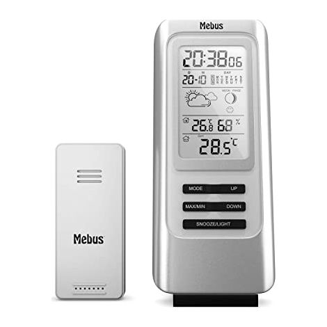 MEBUS funkgesteuerte Wetterstation mit Außensensor, Thermometer, Hygrometer, Funkuhr, Wohlfühlindikator bewertet Raumklima, Wettervorhersage, Mondkalender, Wecker, Farbe: Silber, Modell: 40627 (1/4)