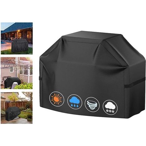 Telo di copertura nero impermeabile per barbecue, resistente ai raggi UV e agli strappi, con chiusura in velcro e coulisse regolabile, per barbecue a gas da esterno. (1/5)