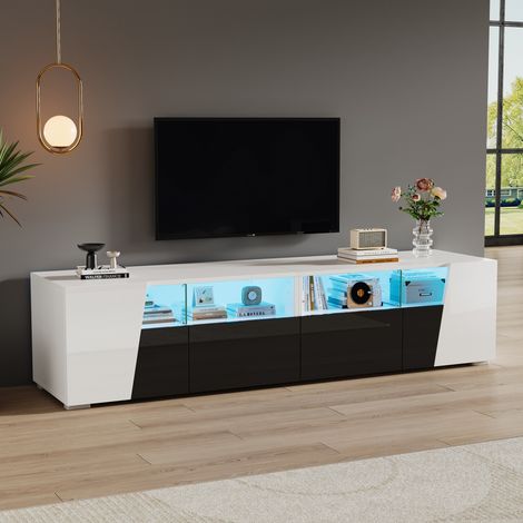 Meuble TV 180 cm avec LED 180 x 38,5 x 45 cm meuble tele salon avec 2 tiroirs 2 portes étagères et Rangement ouvert Blanc et Noir (1/5)