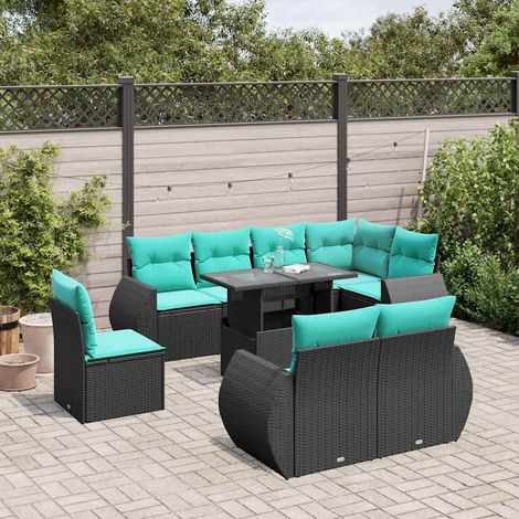 9-teiliges Gartensofa-Set mit Kissen, schwarzes Polyrattan (1/5)