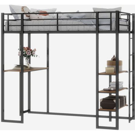 Lit mezzanine en métal noir avec bureau en L, échelle réversible et garde-corps (1/5)