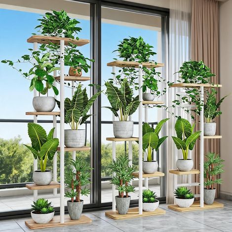 Étagère porte-plantes d’angle haute, multi-niveaux – structure métal & bois robuste, gain de place, pour intérieur/extensionérieur (salon, balcon, patio, jardin) – 5 niveaux, 6 pots – Noir chêne – 5-l (1/5)