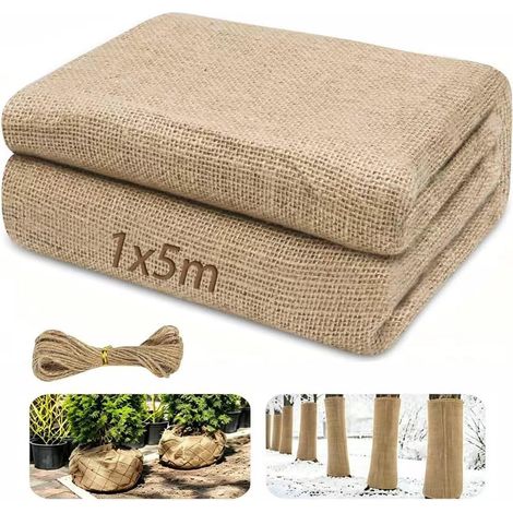 tissu de jute 1 × 5m avec Ficelle de Jute, toile de jute Découpable, toile de sac en fibres naturelles, protection de tronc d'arbre, protection hivernale contre le gel et le froid pour plantes (1/5)