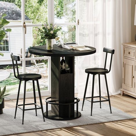 Ensemble table de bar 3 pièces – 1 Table avec deux tabourets – Table ronde en MDF avec repose‑pieds circulaire en métal – Pour salle à manger, bar et salon – 80 cm – Noir (1/5)