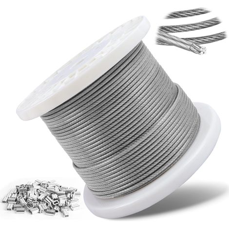 100m Câble métallique, 4mm Câble en acier inoxydable 304 avec Revêtement Transparent, âme de 7×7 brins avec 100 manchons de ser, corde à linge, pour plantes grimpantes, clôture, lumières, suspension (1/5)