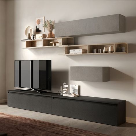 Parete attrezzata tv salotto moderno grigio mensole in legno Infinity 39 - Grigio - Bianco