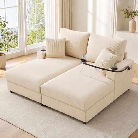 Divano letto 163/140/82 cm in velluto a coste beige con supporto telefono, USB e portabicchieri (1/5)