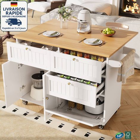 MODFU - Desserte de cuisine 2 portes 3 tiroirs, desserte roulettes, table pliante, buffet, MDF, 133x37/70x88cm, blanc (1/5)