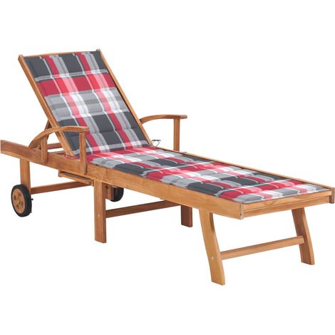 Transat chaise longue bain de soleil lit de jardin terrasse meuble d'extérieur avec coussin à carreaux rouge bois de teck solide