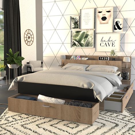 Le Quai Des Affaires – Lit adulte 140x190cm avec tête de lit étagère et 2 tiroirs – Décor noir et chêne blanchi – Dimensions 216x180x80 cm (1/5)