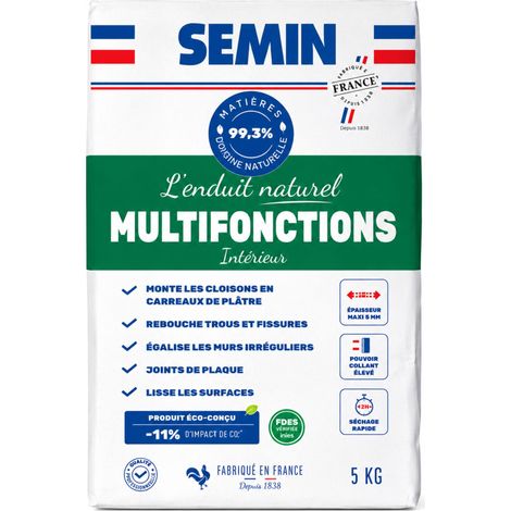 SEMIN Enduit Naturel Multifonction 5 kg - Poudre Intérieur 99,3% Matières Premières Naturelles - Rebouchage, Lissage, Collage Plaques de Plâtre, Carreaux de Plâtre & Béton Cellulaire (1/5)