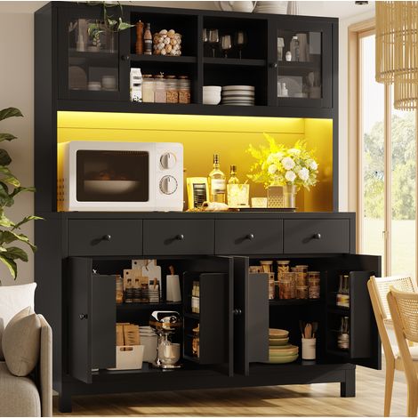 Buffet haut 140x38,5x180 cm en MDF noir avec LED RGB et 4 tiroirs, pour cuisine – MEUBLIV (1/5)