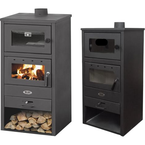 Stufa a Legna con Forno  Ghisa e Acciaio 12kW Riscaldamento 140m3 con Portalegna - Nero (1/5)