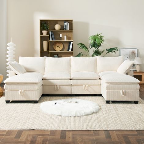 Divano modulare in velluto a coste beige 280x151x82 cm, configurazione L/U con 2 pouf, USB e contenitori (1/5)