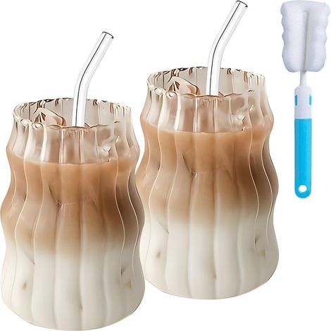 Lot de 2 tasses en verre transparent avec pailles de 530 ml – Tasse à café glacé transparent ondulé avec pailles, brosse et brosse pour café, jus, lait, thé, cocktail, mariage, cadeau d'anniversaire (1/5)