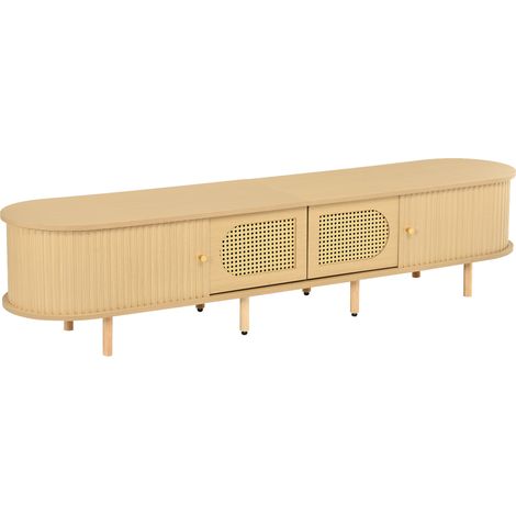 TV-Lowboard 180 x 40 x 40 cm in heller Holzoptik mit Rattan-Design für TVs bis 75 Zoll (1/5)