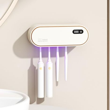 Porte-brosse à dents mural avec stérilisateur UV, fixation sans perçage, fonction séchage et minuterie, batterie rechargeable 1800 mAh, accessoire de salle de bain 4 emplacements pour enfants et adult (1/5)