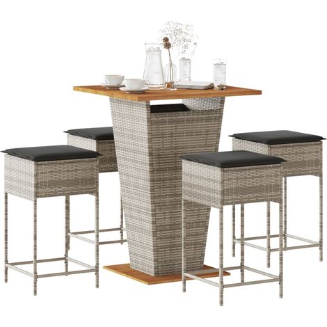 5-tlg. Gartenbar-Set mit Kissen Grau Poly Rattan