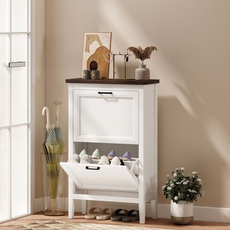 Étagère à chaussures de campagne avec 2 tiroirs à rabattant, étagères réglables, design blanc. (1/5)