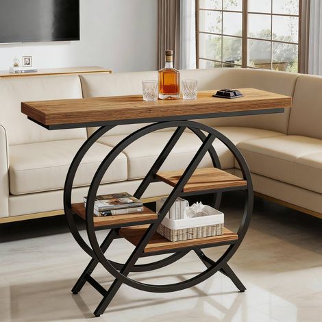 Tavolo consolle in legno e metallo marrone chiaro, piano 4 cm, 4 ripiani sfalsati (1/5)
