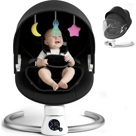 Balancelle Bébé Électrique avec Télécommande et Bluetooth, 5 Vitesses de Bercement, Minuterie à 3 Niveaux, Harnais à 5 Points, Siège Réglable 2 Positions, Utilisable en Intérieur et en Extérieur-Noir (1/5)