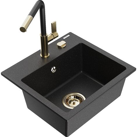 Mexen Milo fregadero de granito de 1 compartimento con grifo de cocina Flora, negro/plateado metálico - 6505-73-670401-57-G (1/5)