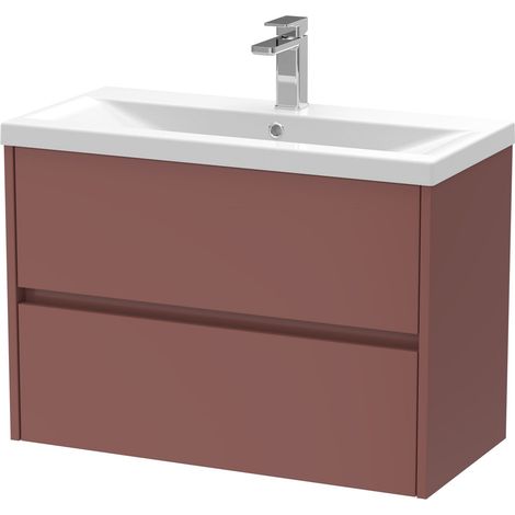 Chartley Contemporary Wall Hung 2 Drawer Vanity Basin Unit, Mid-Edge Basin, 800mm, Smoked Red (1/4)