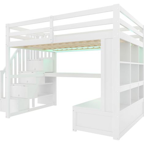 Lit mezzanine 140x200 avec bureau, étagères et 2 tiroirs intégrés, escalier de rangement, structure gain de place, panneau bois, blanc (1/5)
