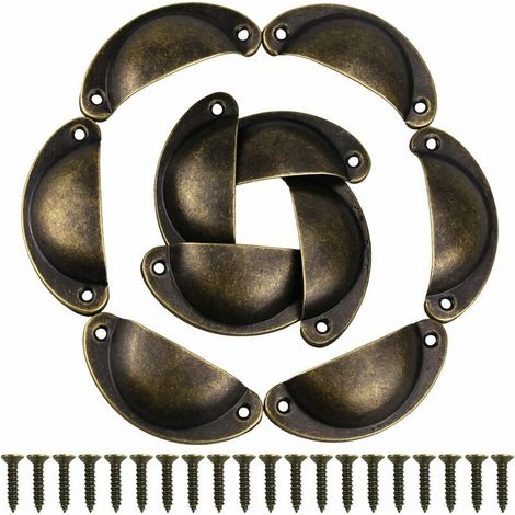 Lot de 10 poignées de porte/tiroir/placard rétro en métal, style coquillage, avec 20 vis. Boutons de meubles en laiton antique.