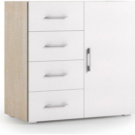 Dmora Credenza Violetta, Mobile buffet a 1 anta e 4 cassetti, Madia da soggiorno, Armadietto multiuso con ripiani, 100% Made in Italy, Cm 90x41h87, Bianco e Rovere, con imballo rinforzato (1/5)