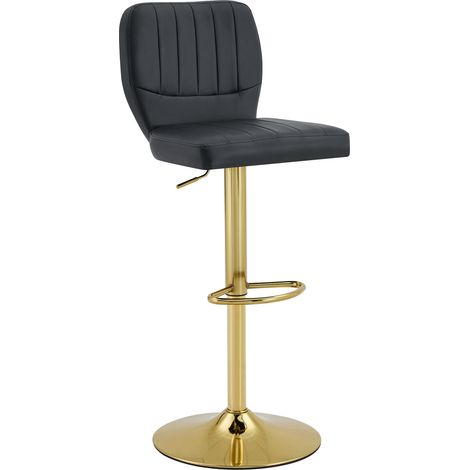 Tabouret de bar réglable en hauteur 62-83 cm, pivotant à 360°, dossier et repose-pieds, simili cuir noir, cadre métal finition or (1/5)