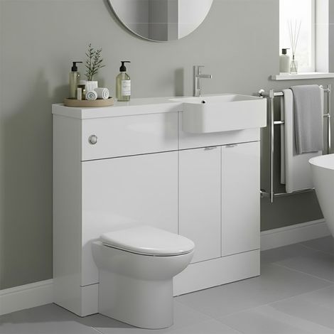 Hudson Reed Fusion RH Combination Unit with Round Semi Recessed Polymarble Basin 1000mm Wide - Gloss White (1/4)