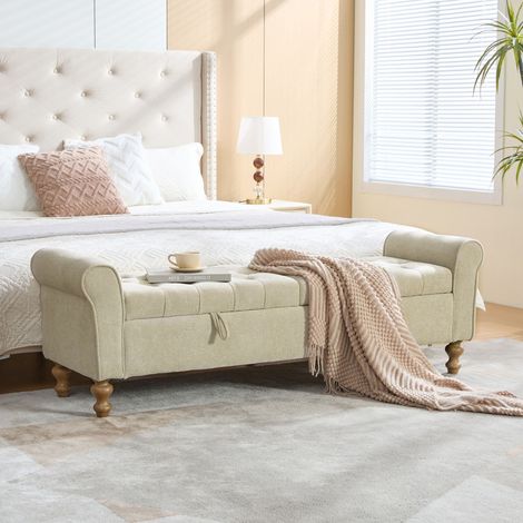 Bank de rangement moderne en velours gris clair 156x46x51 cm HOMAIRE (1/5)