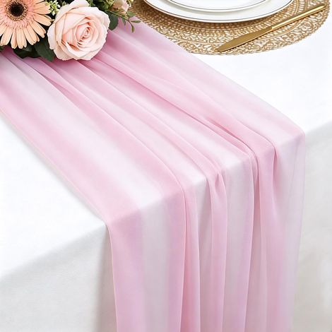 Chemin de table en mousseline rose 77x300 cm, doux et élégant pour mariage bohème, fête ou décoration. (1/5)