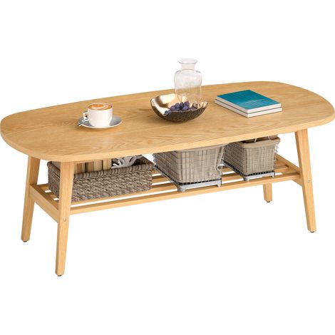 HOMCOM mesa de centro de 2 niveles, moderno con estante abierto inferior y patas de madera, para salón, dormitorio, 120x60x42cm, natural