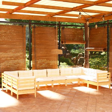 Salon de jardin 10 pcs,Mobilier de terrasse,Table et Chaise pour Relax avec coussins crème Bois de pin -YZ288190 (1/5)