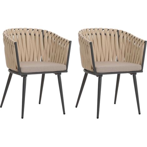 [NEUWERTIG] 2er-Set Aluminium-Esszimmerstuhl HHG-418, Indoor Stuhl Armlehne, Olefin Seilgeflecht Rope creme Kissen hellbraun