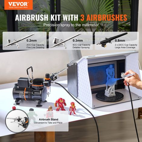 Kit d'aérographe, compresseur d'air à double ventilateur, système d'aérographe professionnel avec 3 pistolets, support, roue de mél… (1/5)