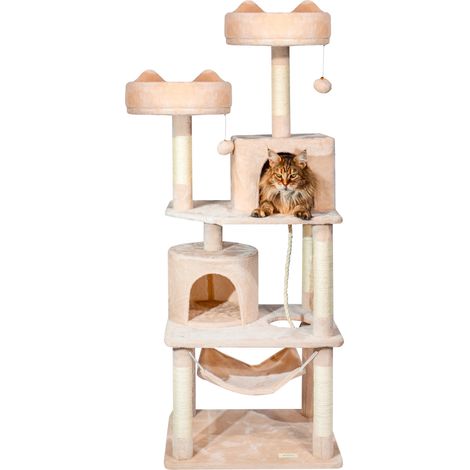 Arbre a chat, Griffoir pour chat, 2 perchoirs, 2 niches, Hamac, Balles, Colonnes en Sisal, Peluche, Multi-niveaux Tour, Hauteur 158 cm, beige, PAITSY