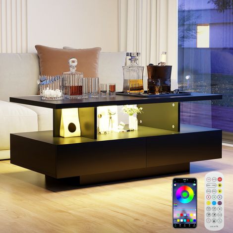 Puluomis – Table basse fixe 105x50cm – Bois noir et métal – LED RGB avec télécommande et mode musique – Rangement tiroir – Design industriel (1/5)
