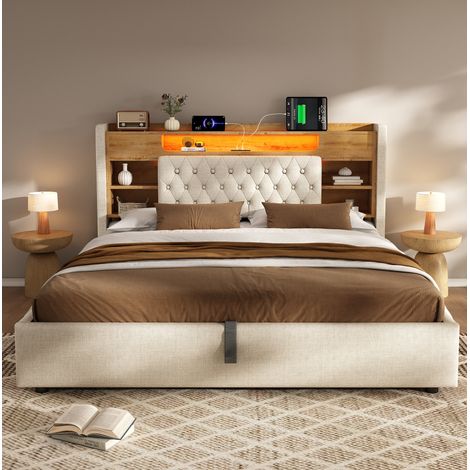 Bett im Retro-Stil 160x200 cm, Leinen Beige, mit Kopfteilregal, LED, USB/USB-C und hydraulischem Bettkasten (1/5)