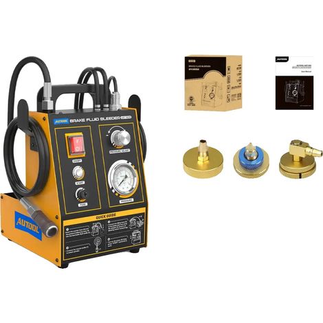 Cambiador de líquido de frenos, potencia de 35 W, caudal de 1,2 L/min, presión de salida de 0,7 a 2,5 bar, longitud de manguera de 3,5 m, dimensiones de 25 x 19 x 28 cm. (1/5)
